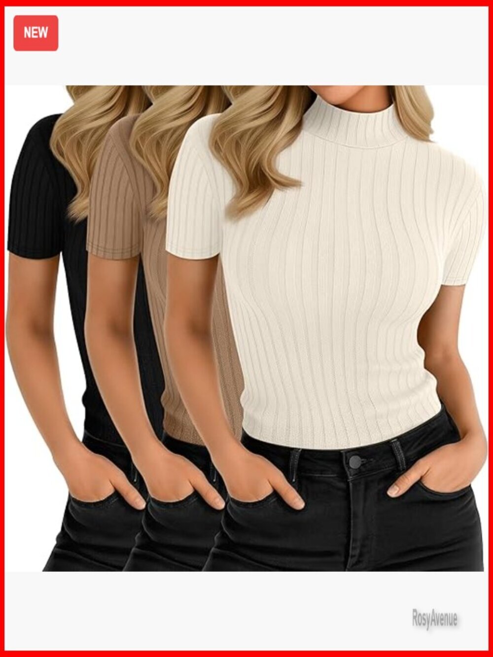 3 Pack Women's Mock Turtleneck Tops Ribbed Slim Fit Cotton Spandex Tees